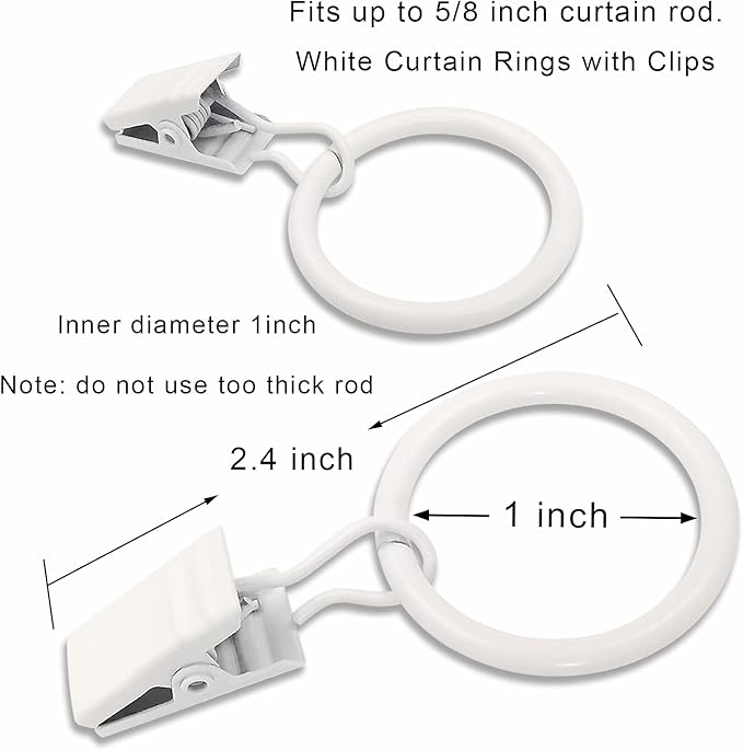 AMZSEVEN 44 Pack Metal Curtain Rings with Clips, Drapery Clips with Rings, Drapes Rings 1 inch Inner Diameter, Fits Diameter 5/8 inch Curtain Rods, White
