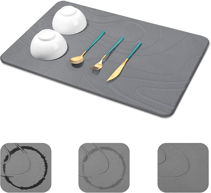 Large Stone Drying Mat for Kitchen Counter - 24"x16" Dirt-Resistant Quick Drying Fast Absorbent Non-Slip Diatomite Mat, Natural Diatomaceous Earth Dish Drying Pad for Dish Rack(Dark Grey)