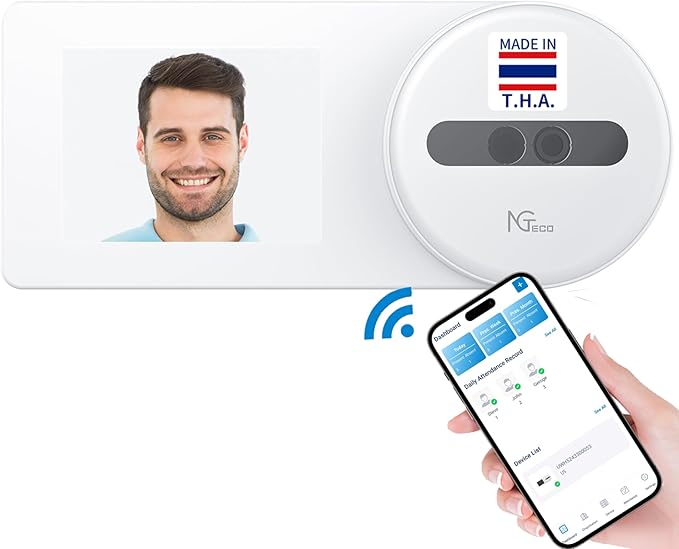 NGTeco Time Clock Cloud-Based, TC5 Face Recognition Time Clocks for Employees Small Business, 2.4G WiFi Remote Control Clock in and Out Machine with Software & iOS/Android App, No Monthly Fee