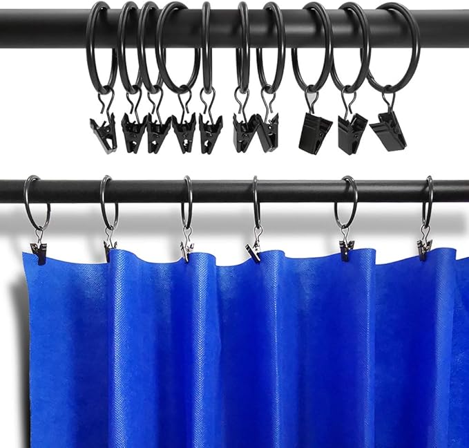 AMZSEVEN 40 Pack Metal Curtain Rings with Clips, Drapery Clips Hooks, Decorative Curtain Rod Clips 1.5 in Interior Diameter, Vintage Black