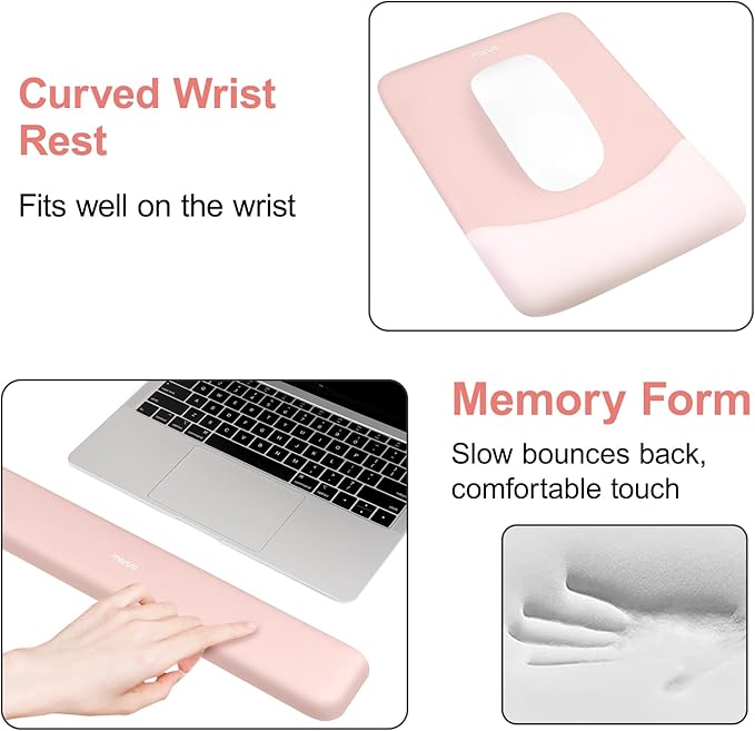 MOSISO Keyboard Mouse Pad Set, Large Gaming Mouse Pad&Rectangular Keyboard Wrist Rest&Mousepad with Wrist Rest&Coaster, Ergonomic Non-Slip&Easy Typing Pad with Curved Silicone Lining, Baby Pink