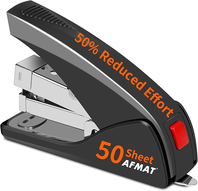 AFMAT Stapler for Desk, 50 Sheet Effortless Desktop Stapler Staple with One Finger, Portable Ergonomic Handheld Staplers Heavy Duty, Built-in Remover, Space Save Size, Good for Home & Office ES10