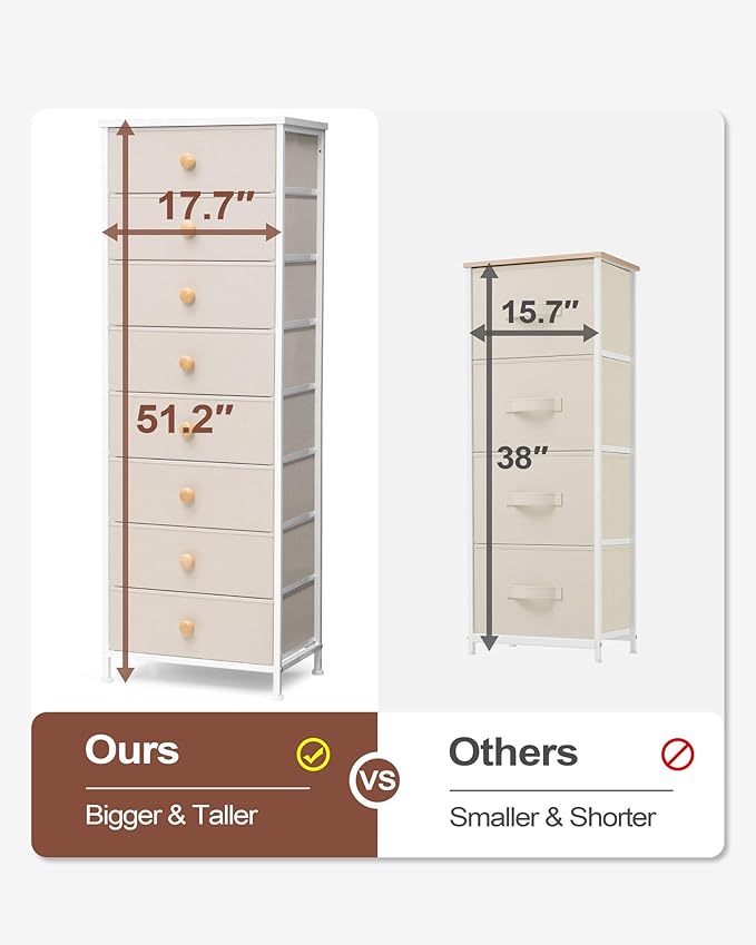 Crestlive Products Tall Dresser, 8-Drawer Fabirc Storage Tower, Chests of Drawers - Vertical Organizer Unit for Bedroom, Hallway, Entryway, Nursery, Closets - Steel Frame, Wood Top & Handles (Beige)