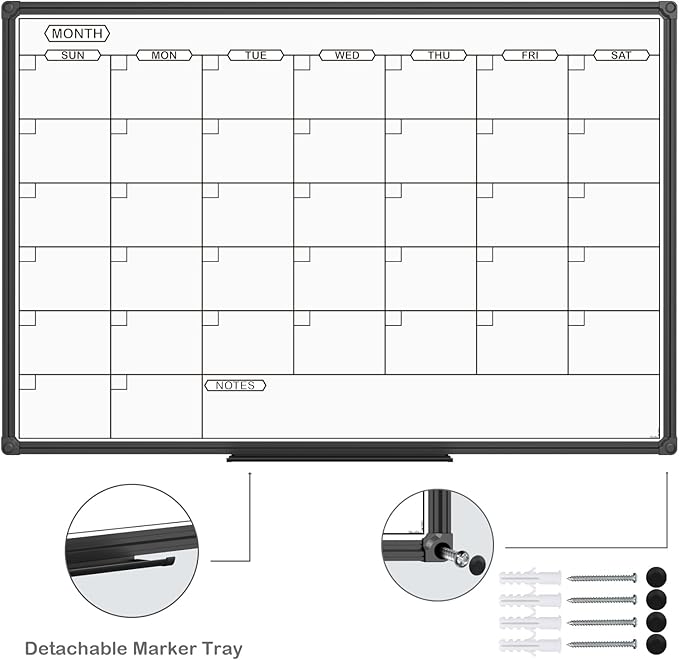 JILoffice Dry Erase Calendar Whiteboard - Magnetic White Board Calendar Monthly 36 X 24 Inch, Black Aluminum Frame Wall Mounted Board for Office Home and School