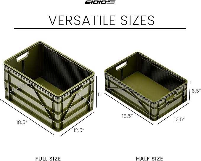 SIDIO Crate Basic Pack - 2 Full-Size & 1 Half-Size Heavy Duty Stackable Storage Bins, Totes and Containers with Dividers - Durable Plastic Organizer for Home, Office, Garage, and Outdoor Use, Green