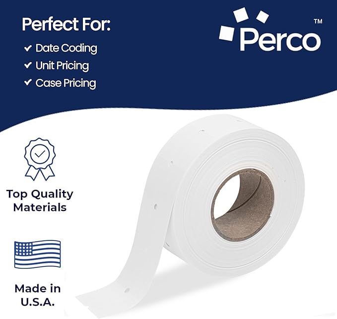 Perco 2 Line Removable Adhesive Labels - 32 Rolls, 4 Sleeves, 24,000 Blank Price and Date Gun Labels for Perco 2 Line Price and Date Guns - Made in USA