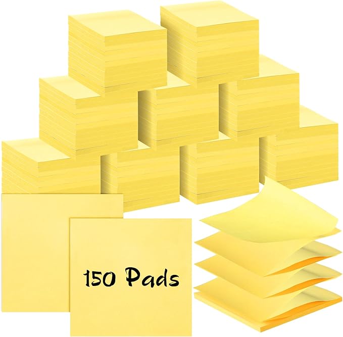 Lincia Sticky Notes Bulk, 150 Pads Teacher Bright Yellow Strong Sticky Notes 3 x 3 Inch, 45 Sheets/Clean Removal Pads Suitable for Home, School Office, Wedding(Yellow)