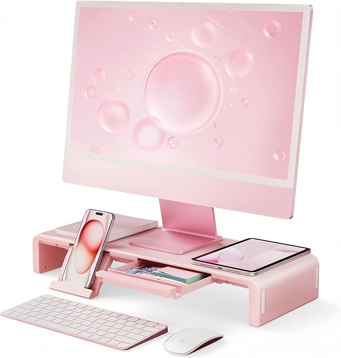 Pink Monitor Stand Riser, Klearlook Foldable, Height Adjustable Computer Stand, Desk Shelf Riser with Storage Drawer &Tablet Phone Stand for Desktop, Laptop