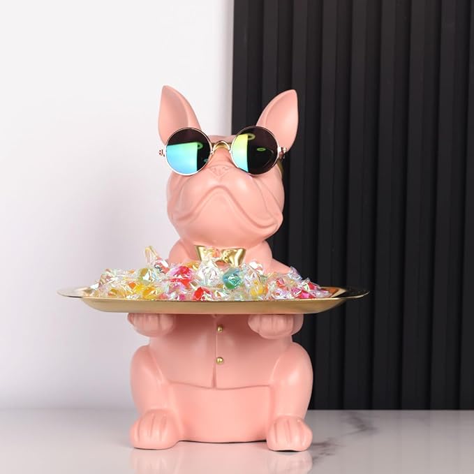 Modern Bulldog Statue in Pink Resin - Piggy Bank Key Holder Storage, Candy & Jewelry Tray for Home Decor, Dining Table, Office