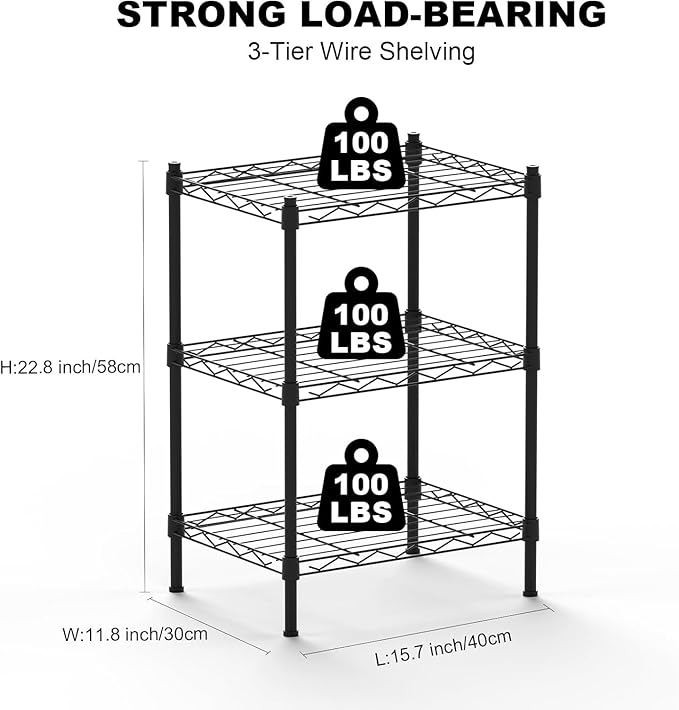 3-Tier Heavy Duty Wire Shelving Unit with Lockable Wheels, Metal Storage Rack for Garage, Pantry, Kitchen & Living Room, 39.4" H × 36.9" L × 18.6" D