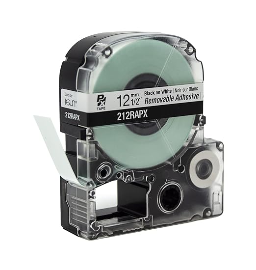 Epson LABELWORKS 212RAPX Genuine PET (Polyester) Tape Cartridge - Black on White Label Maker Tape, Removable Adhesive - 1/2" (12MM) Wide, 30'