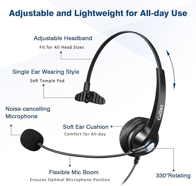 Callez USB Headset with Microphone Noise Cancelling & Audio Controls, Wideband Computer Headphones for Business UC Skype Lync Softphone Call Center Office, Clearer Voice, Super Light, Ultra Comfort