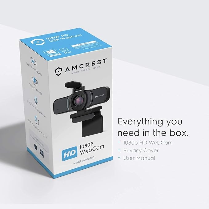 Amcrest 1080P Webcam with Microphone & Privacy Cover, Web Cam USB Camera, Computer HD Streaming Webcam for PC Desktop & Laptop w/Mic, Wide Angle Lens & Large Sensor for Superior Low Light (AWC201-B)