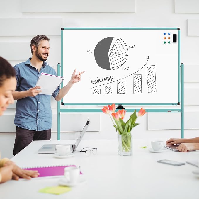 Large Dry-Erase Rolling Magnetic Whiteboard - 48 x 32 Inches Dry Erase Board with Stand Height Adjust Double Sides Mobile White Board Easel on Wheels with 25 Sheets Paper Pad Office, Home & Classroom