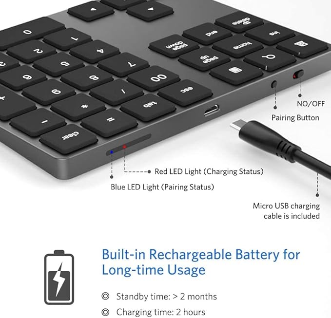 Bluetooth Number Pad, Wireless Numeric Keypad, USB-C Rechargeable External 34-Keys Numpad, Financial Data Entry Keyboard for iMac, MacBook Air/Pro, PC Desktop, Laptop Notebook