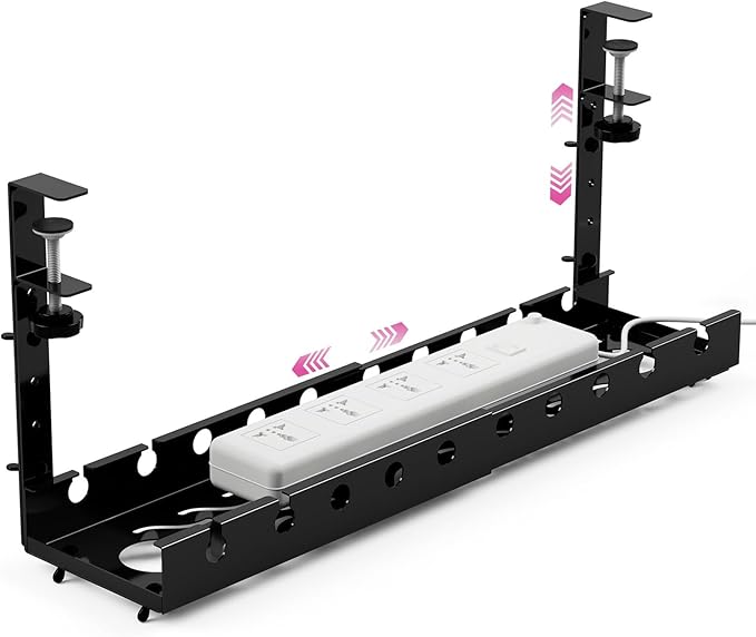 Cable Management, Retractable Under Desk Cable Organizers, Shelf for Efficient Wire Management, Space Saving Wire Collection Rack, No Drilling,Metal Cord Organizer with Clamp for Standing Desk