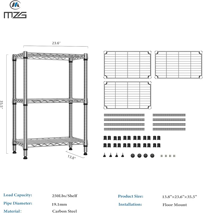 750 lbs 3 Tier Shelf Metal Storage Shelves Shelving Wire Rack Heavy Duty Closet Organizers for Garage Kitchen Bathroom Laundry Chrome 13.8" D x 23.6" W x 35.5" H