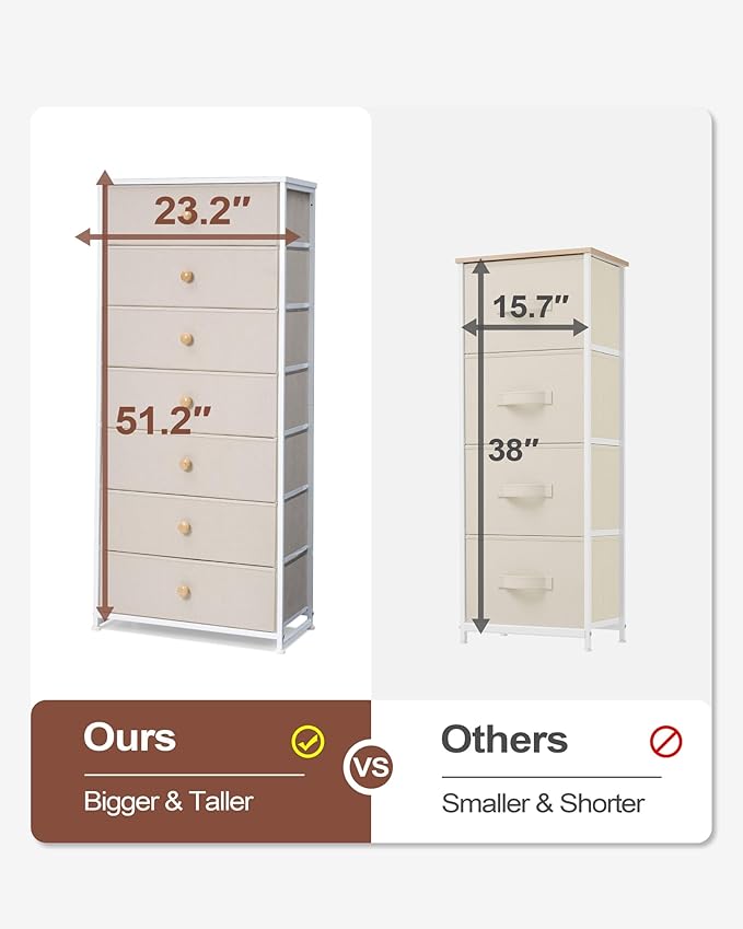 Crestlive Products Tall Dresser, 7-Drawer Wide Fabirc Storage Tower, Chests of Drawers - Vertical Organizer Unit for Bedroom, Hallway, Entryway, Nursery, Wood Top, Closets with Handles (Beige)