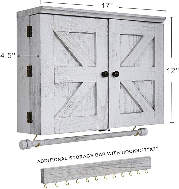 GLANT Rustic Wall Mounted Jewelry Organizer with Wooden Barndoor Decor,Wooden Wall Mount Holder,Jewelry holder for Necklaces, Earings, Bracelets, Ring Holder. Includes matching hook organizer