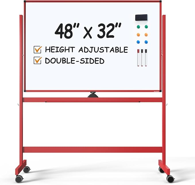 TSJ OFFICE Large Rolling Whiteboard - Dry Erase Magnetic 48 x 32 Inches White Board Height Adjust Double Sides Mobile Portable Easel on Wheels, Dry Erase Board with Stand for Office, Home & Classroom