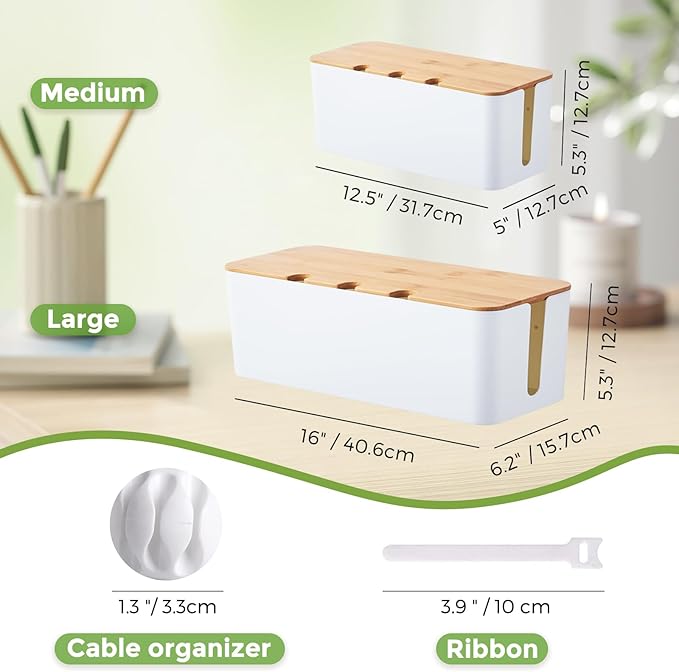 Cable Management Box 2 Pack, Cord Cable Organizer Box with Bamboo Lid, Under Desk Cable Management with 10 Cable Ties and 2 Cable Clip Holders for TV Router Computer USB Hub