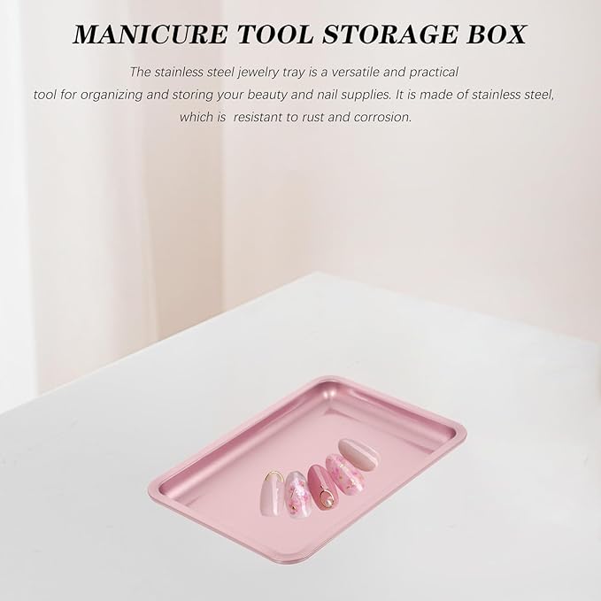 Stainless Steel Jewelry Storage Tray with Four Support Feet Stable and Spacious Trinket Plate Organizer for Nail Tools and Small Accessories Pink Decorative Catchall for Desktop