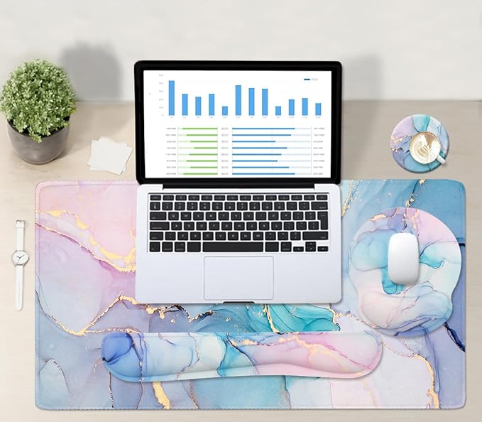 4-in-1 Gaming Mouse Pad Wrist Support Set，Desk Pad + Mouse Pad with Wrist Rest + Keyboard Wrist Rest + Coaster, Ergonomic Design for Home Office Study Game - Blue Marble