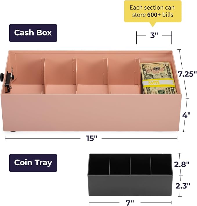 Volcora Cash Box Money Organizer - 15” x 7.5” x 4” Cashbox 5 Compartments Drawer Tray - Bills and Coin Slot with Combination Lock for POS Register, Kiosk, Retail, Personal and Business Use, Pink