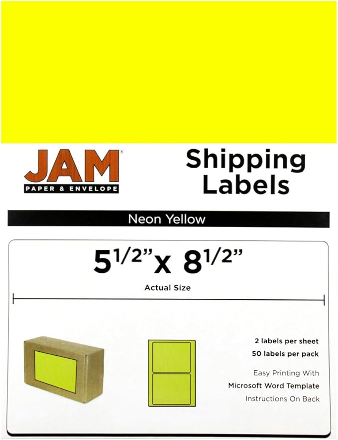 JAM PAPER Shipping Labels - Half Page - 5 1/2 x 8 1/2 - Assorted Bright Neon Colors - 150/Pack