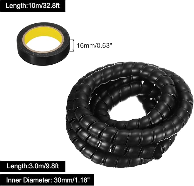MECCANIXITY Spiral Cable Wrap 9.8ft/3.0M 30mm Cable Management Sleeve PP Insulation Cord Organizer for Computer Wire Power Cable Gas Pipe Black with Tape