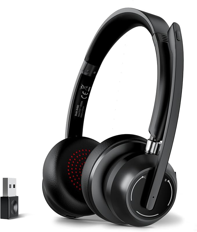 Blue Air Wireless Headset with Mic for Work, Bluetooth 5.1 Headphones with Noise Canceling Microphone, USB Dongle, 45H Playtime, Clear Calls & Mic Mute for PC, Laptop, Call Center, Teams, Black