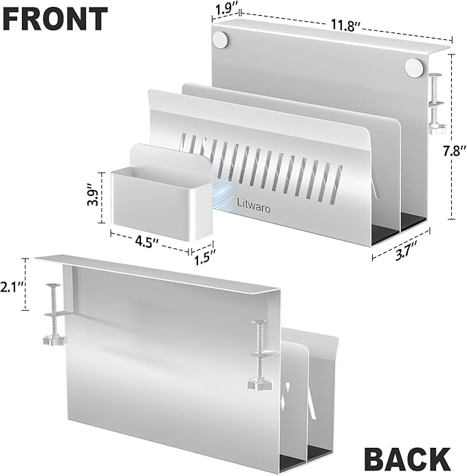 Litwaro Desk Side Storage Organizer, 2 Tier Under Desk Laptop Holder No Drill, Laptop Mount with Magnetic Pen Holder, Hanging Desk Organizer Fits Flat Edge Desks 0.4" to 2.1" (White)