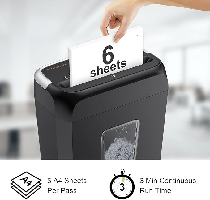 Bonsaii Shredders for Home Use, 3.4 Gal Wastebasket, 6-Sheet Cross-Cut Credit Card Shredder for Home Office, Small Shredding Machine for Staples, Clips, Documents, Portable Handle(C237-B New Version)