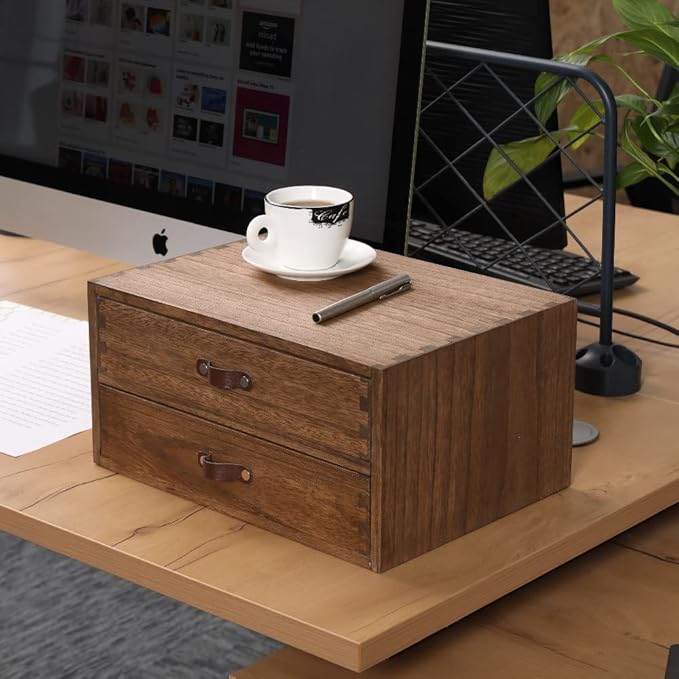 Wood 2 Drawer Desktop Organizer Cabinet - Desk Storage Box for Kitchen Counter,Dresser Tabletop -Wooden File Organizer Printer Machine Stand for Office Accessories Chest Dark (FAX2C-DK）