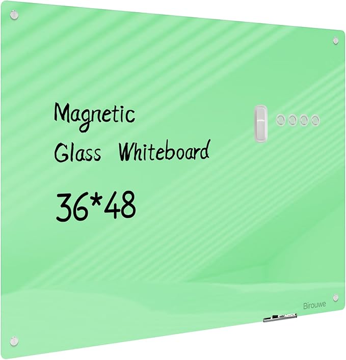 Magnetic Glass Whiteboard - Glass Dry Erase Board 48"x36" Large Frameless Glass Board for Walls Office School and Home, Green
