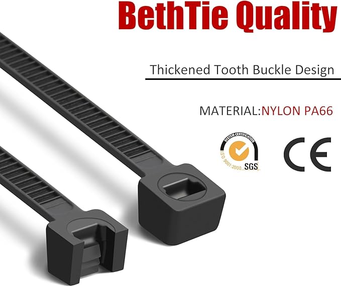 BethTie Black 8 Inch Zip Ties (2500 Pack), 65 LBS Tensile Strength, Self-Locking Nylon PA66 UV Resistant Cable Ties for Indoor and Outdoor Use