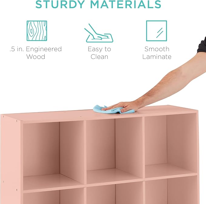 Best Choice Products Kids Bookcase 9-Cube Storage Organizer, 11in Shelf Opening, Bookshelf, Toy Storage, Customizable w/ 3 Removable Back Panels – Light Pink
