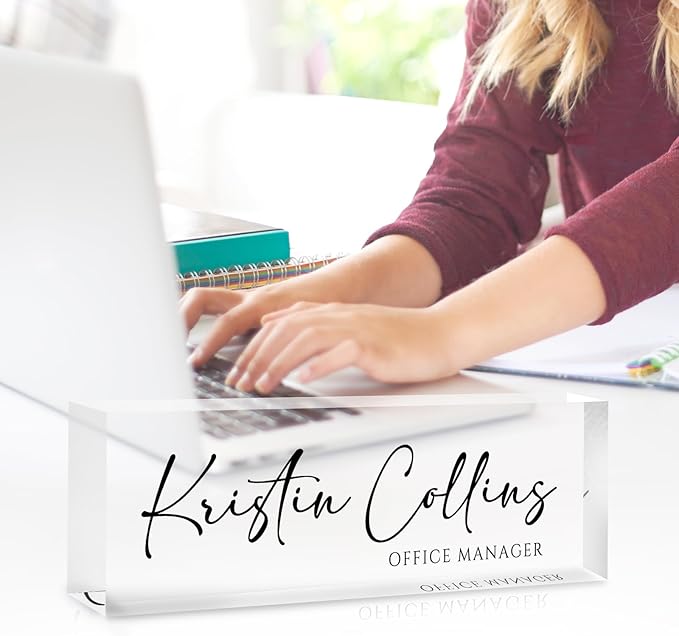 Custom Name Plate for Desk, Personalized Desk Name Plate on Clear Acrylic Glass, Appreciation Gifts for Teacher Employee Boss Coworkers Nurse, Office Desktop Accessories For Women Men (Ink)