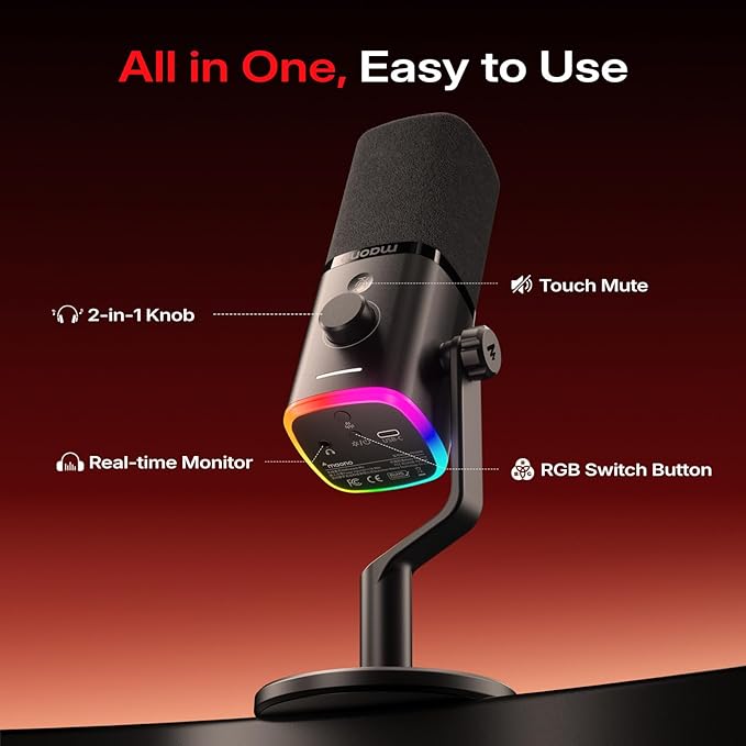 MAONO PD100W Wireless/USB Microphone, PC Gaming Mic with One-Click Noise Reduction,Mute Button,Custom RGB, 3.5mm Headphone Jack, Desktop Dynamic Streaming Mic for Recording,Podcasting, Black