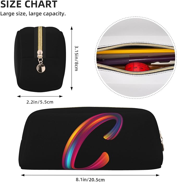 Cute Initial Pencil Case for Kids Simple Leather Pencil Pouch for Boys Girls Letter Design Pencil Box Pen Bag Pencil Pouch Office Stationery Organizer, Rainbow Letter C
