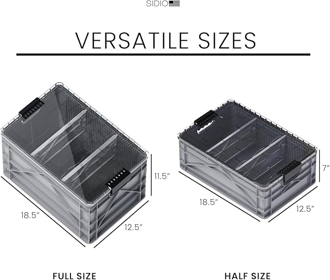 SIDIO CRATE Pro Pack - Two Full Size and One Half Size Heavy Duty Stackable Storage Bins, Totes, Containers with Lids and Dividers - Durable Organizer for Home, Office, Garage, and Outdoor Use - Gray