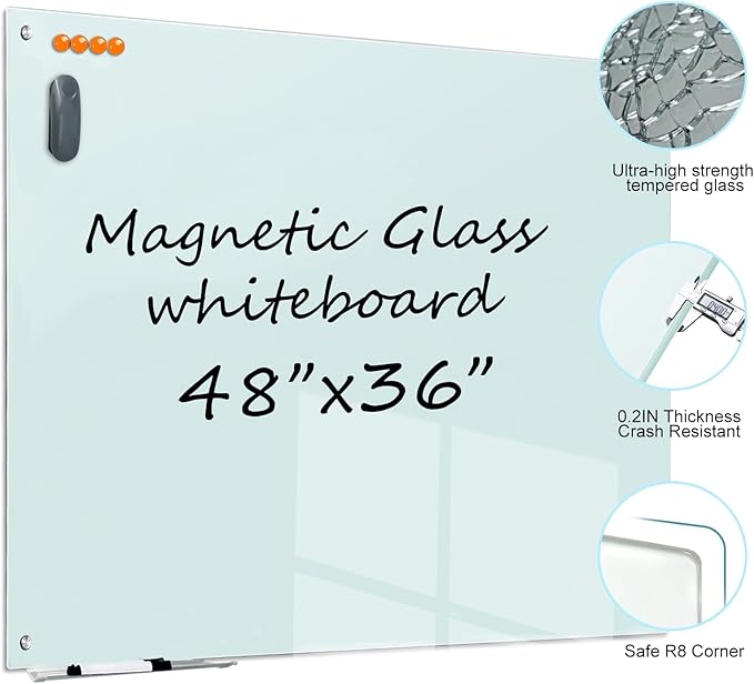 Glass Dry Erase White Board - Magnetic Whiteboard 48"X36" Large Frameless Boards with Super Strong Magnets for Office, School and Home Wall