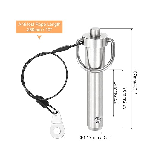 uxcell Ring Quick Release Pin, 1/2" x2-1/2 304 Stainless Steel Ball Lock Pin Push-Button Ring Handle Locking Pin with Wire for Audio Bimini Top Marine, Silver