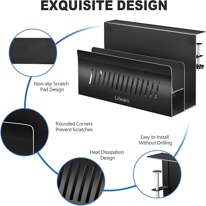 Litwaro Desk Side Storage Organizer, 2 Tier Laptop Holder Clamp on Desk Organizer, No Drill Laptop Mount with Magnetic Pen Holder, Hanging Desk Organizer Fits Flat Edge Table 0.4" to 2.1" (Black)