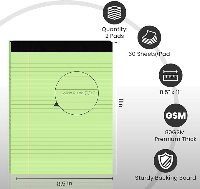 2pcs Legal Pads 8.5 x 11,Notepads 8.5 x 11 Inch, 30 Sheets/Pack, Green Note Pads Clear Print Writing Pads of Paper, Perforate Wide Ruled Lined with Sturdy Back for Office, Business & School Supplies