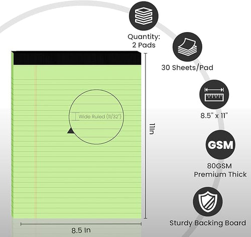 2pcs Legal Pads 8.5 x 11,Notepads 8.5 x 11 Inch, 30 Sheets/Pack, Green Note Pads Clear Print Writing Pads of Paper, Perforate Wide Ruled Lined with Sturdy Back for Office, Business & School Supplies
