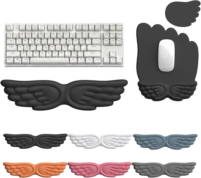 Angel Wing Keyboard Wrist Rest Set, 3 Piece Cloud Wrist Rest for Computer Keyboard with Mouse Wrist Rest and Coaster, PU Leather Memory Foam Wrist Support for Office, Home and Gaming (Black-A)