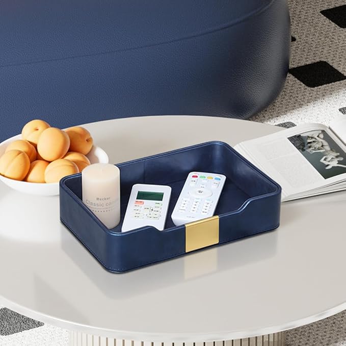 10.2" x 6.7" Nightstand Organizer Tray with Gold Accent, Decorative Valet Trays Cologne Organizer for Men, Key Bowl Perfume Trinket Tray for Dresser Bedside Entryway Table (Navy Blue)