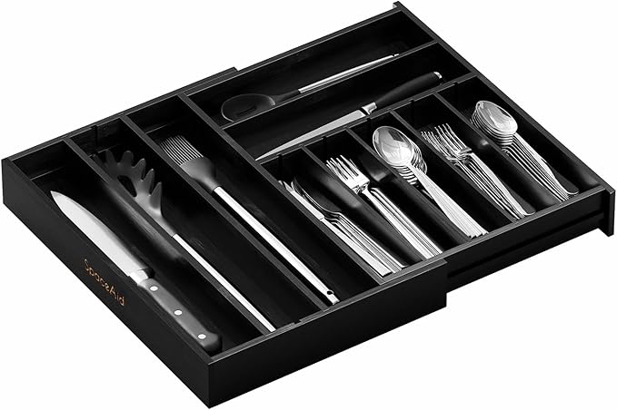 SpaceAid 2.5" High Bamboo Silverware Drawer Organizer with Labels, Kitchen Utensil Expandable Tray Holder for Flatware, Cutlery, Spoon and Knives Drawer Storage Organization (Black)