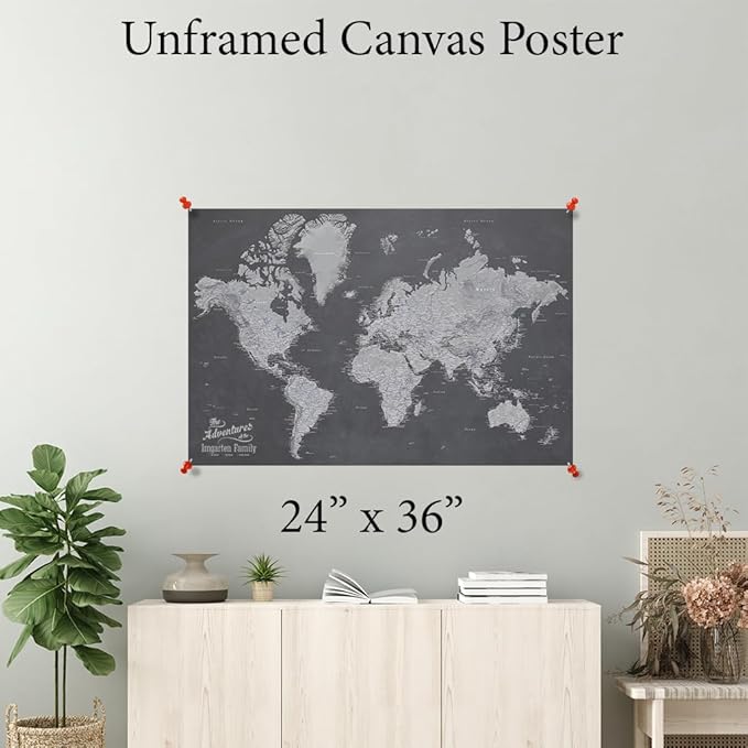 Push Pin Travel Maps Stormy Dreams World Rolled Canvas | Personalized Push Pin World Travel Map with Pins to Mark Travels | 24" x 36" - 4 sizes |Best Gift for People Who Travel